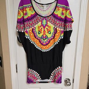 Trina Turk Shirt Top Womens Medium Black Colorful Oversized‎ Stretch Made in USA